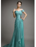 Off Shoulder Beaded Teal Chiffon Pleated Chic Evening Dress